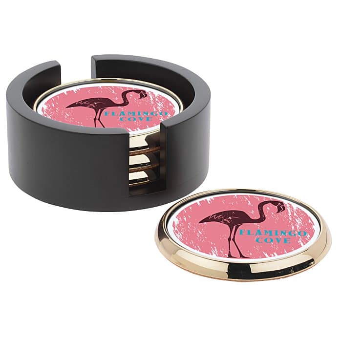 Four Round Full Color Coasters with Wood Tray
