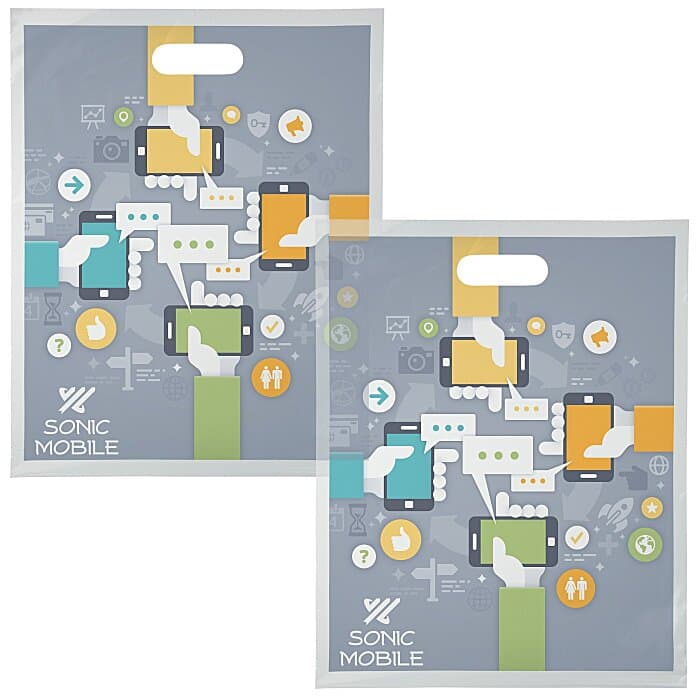 Full Color Die Cut Handle Plastic Bag - 15 inches x 12 inches - Clear - 2 Side Imprint
