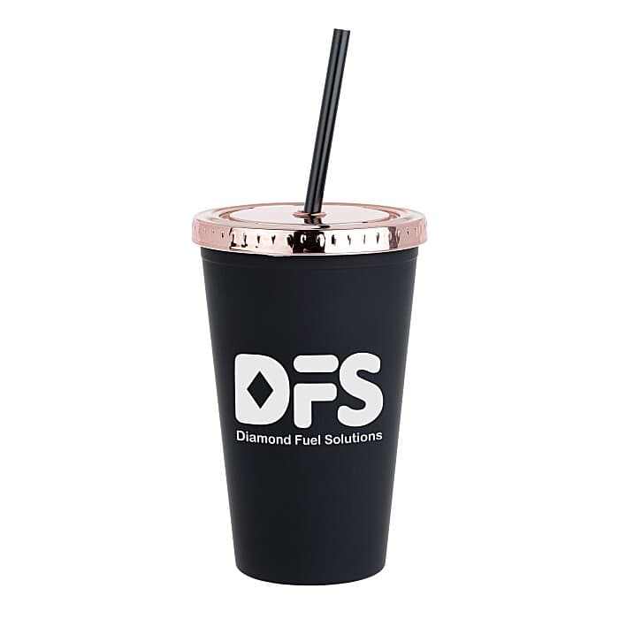 Matte Rubberized Tumbler with Straw - 16 oz - Metallic Lid